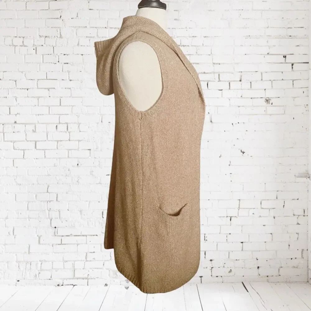 Tahari Cardigan Sweater Hoodie Vest Size M Womens Camel Tan Wool Blend Pockets‎